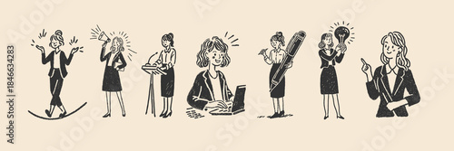 Business woman doodle illustrations showing leadership, success and career growth