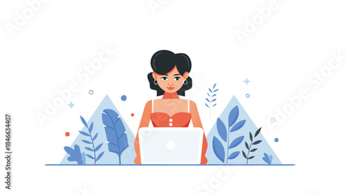 Focused woman using a laptop in a flat illustration style with botanical elements and abstract geometric shapes against a white background