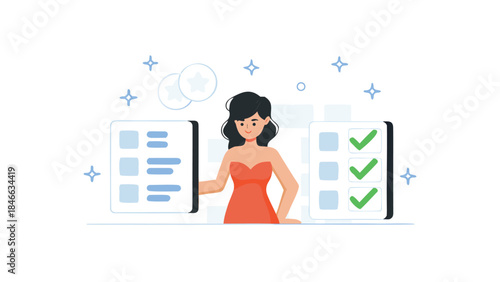 Girl viewing task lists shows completed work, modern illustration about time or project management, focus, vector template concept on white