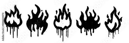 Set of grunge messy graffiti spray painted flames with drips and splatters