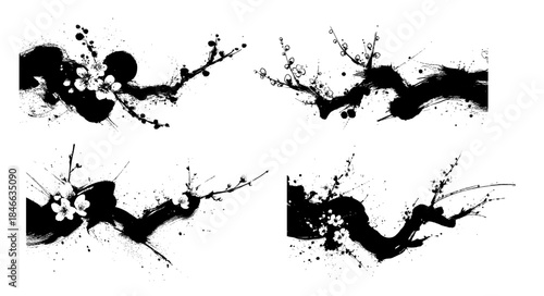 Ink illustration of cherry plum blossom branches in traditional brush painting style on white background