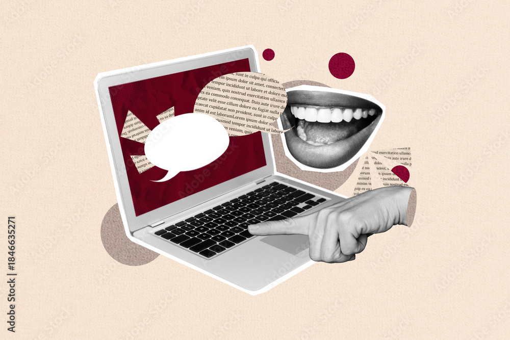 Fototapeta premium Trend artwork design collage sketch of laptop web app dialog conversation speech sticker quote mouth lips smile finger point show display