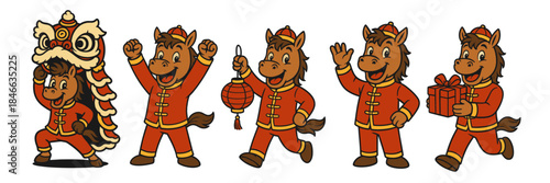 Retro horse mascot celebrating chinese new year with festive poses, traditional costume and holiday symbols