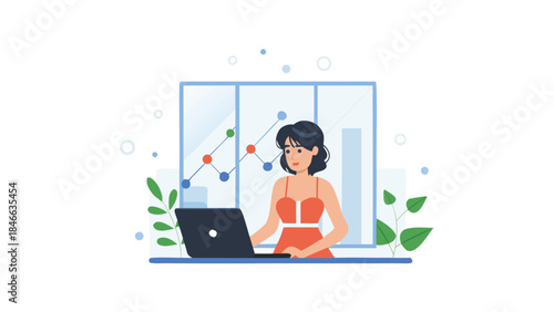 Stylish modern illustration of a woman working on a laptop with data charts, showcasing pastel colors and a clean, contemporary design aesthetic