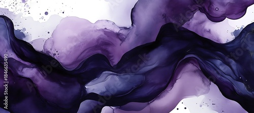 Illustration of purple and black abstract watercolor background with splatters isolated on white background