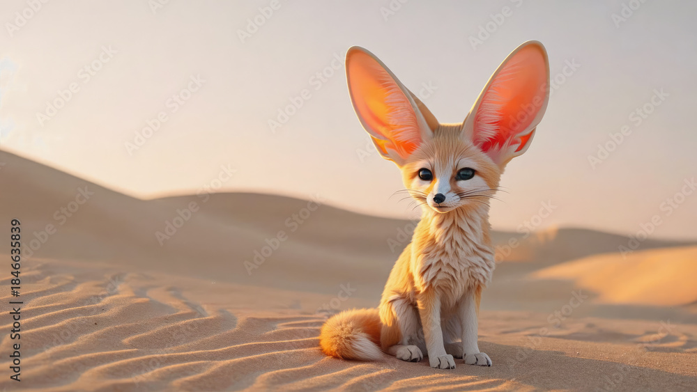 Naklejka premium Fennec fox with oversized ears sitting on desert sand at sunset, depicting Cloud Dancer color trend 2026. Color of the Year 2026. Cloud Dancer