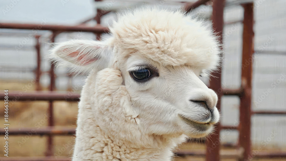 Naklejka premium White alpaca head shot looking away, fluffy Cloud Dancer fur, a gentle color trend for 2026. Color of the Year 2026. Cloud Dancer