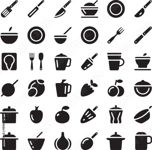 Black icons of kitchen utensils and food items