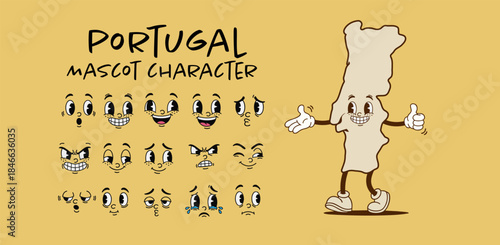 Vintage Portugal country map mascot character with cartoon facial expression set