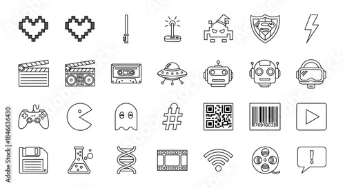 Diverse collection of line art icons representing technology, entertainment, and gaming