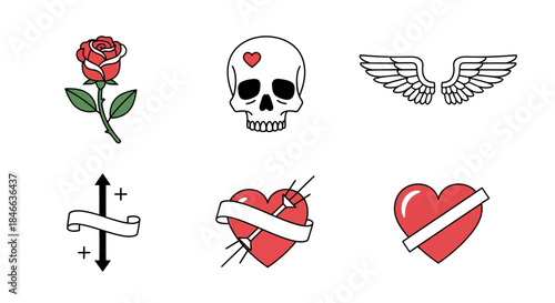 Assortment of love themed tattoo art designs with rose, skull, wings and heart symbols