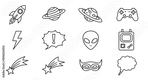 Collection of line art doodles featuring space exploration, retro games, and comic elements