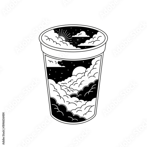 Contemplative cup: a whimsical blend of dreamlike night sky and earthly refreshment