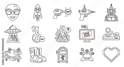 Collection of quirky black and white cartoon icons with space and technology themes