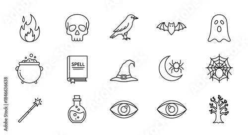 Enchanting monochrome Halloween elements collection with fire skull and raven symbols