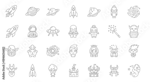 Outline vector art featuring space elements and whimsical fantasy creatures characters