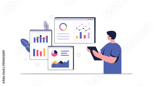 Abstract digital illustration with business intelligence dashboards and a user with a tablet reviewing data for analysis and decision making