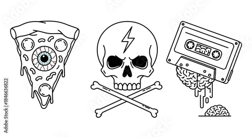 Unique monochrome icons blending pizza, skull and cassette in stylized doodle compilation