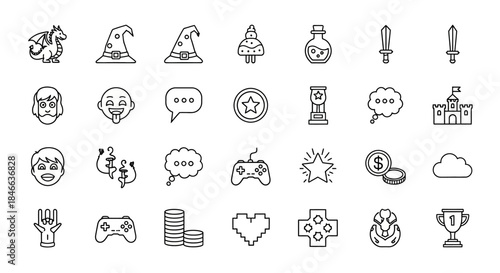 Digital fantasy world icon set perfect for rpg games and creative projects illustration