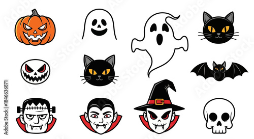 Collection of spooky Halloween themed cartoon graphics with classic icons and characters
