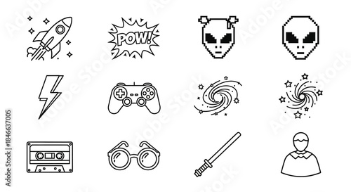 Outline style illustrations featuring elements of fantasy, retro and modern technology