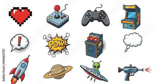 Collection of retro gaming elements, vector illustration of vintage arcade themes
