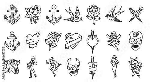 Assortment of old school tattoo flash designs: anchors, roses, hearts, birds and more