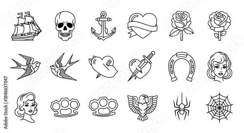 Collection of traditional tattoo flash art designs in black and white, including nautical and