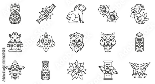 Black and white illustration of various stylized tattoo designs with animals and plants