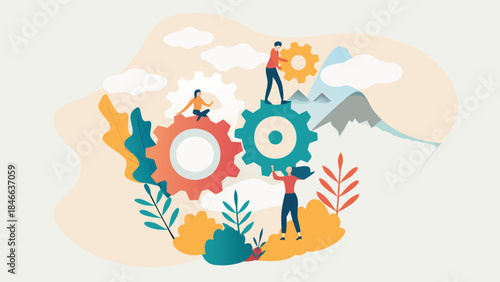 Isometric illustration showing collaborative effort by team member with gears to achieve goals of business, industry, technology, science