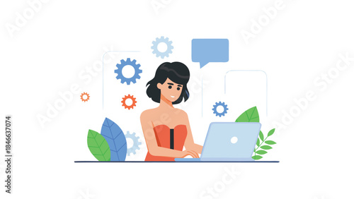 Flat illustration of modern office productivity depicted with a woman using a laptop amidst gears, leaves, and a speech bubble on white backdrop