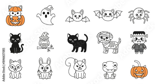 A captivating collection of Halloween-themed cartoon illustrations for design elements