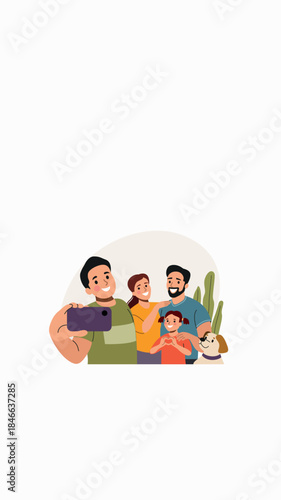 Happy family portrait with smartphone, vertical illustration for mobile banner