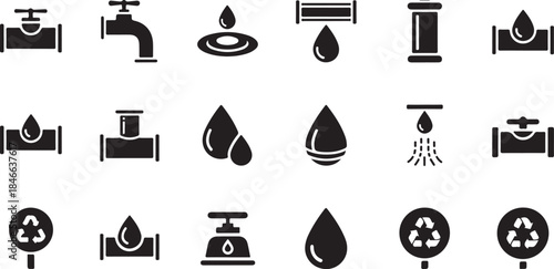 Black icons of water droplets and taps on white background