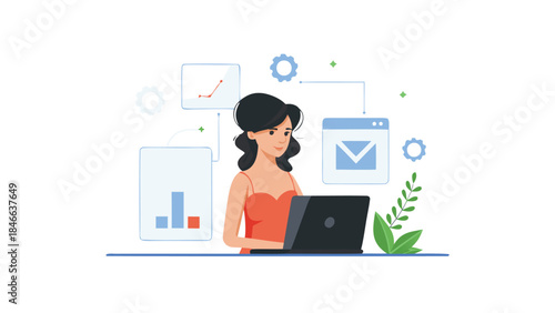 Stylized cartoon woman illustration working focused on a laptop with data charts in a modern office setting for business and lifestyle