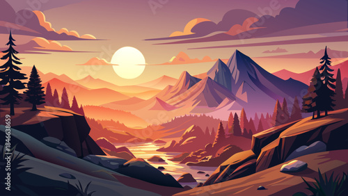 Very beautiful sunrise at Bear Rocks Preserve, glowing horizon over rugged terrain, misty valleys, and serene wilderness atmosphere illustrated in refined vector landscape style.