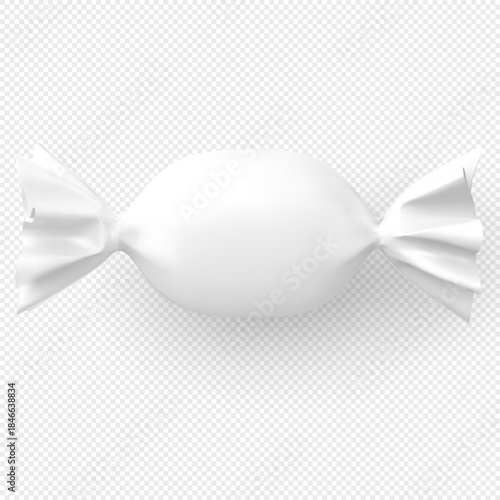 A round candy in a blank white wrapper with curled ends.