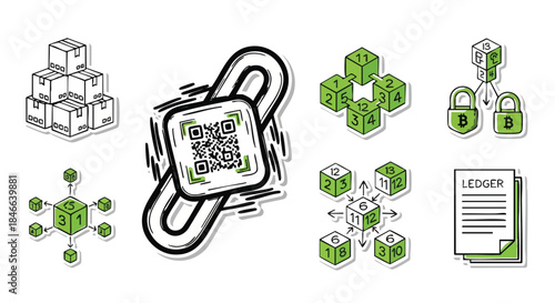 A comprehensive collection of hand-drawn vector icons illustrating various aspects of blockchain technology, cryptocurrency, data security, and digital ledger systems.