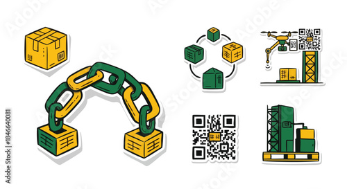 Illustrations depict supply chain logistics, including blockchain, drones, and QR codes for tracking.