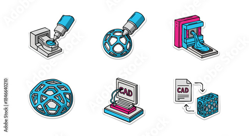 Conceptual icons illustrate the process of 3D printing, from design to creation, highlighting innovation and technology.