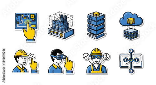 Modern technology icons depict virtual reality, cloud computing, and industrial innovation for digital transformation.