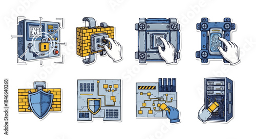 Collection of digital security and data protection icons representing cybersecurity concepts like firewalls and biometrics.