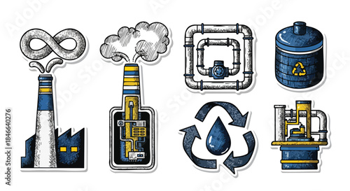 Collection of industrial icons representing factories, pipes, water recycling, and energy production with a vintage sketch style.