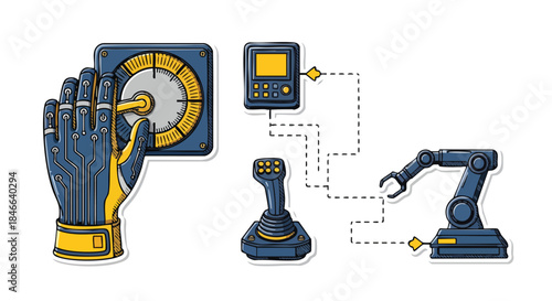 Futuristic robotic hand controls industrial machinery through advanced technology and digital interface.