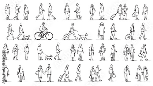 Set of detailed, hand-drawn black and white vector illustrations featuring diverse people in various casual activities, including walking, cycling, and with pets or luggage
