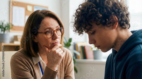 School counselor listening to sad teenage boy close up face shot psychological support mental health awareness empathy education problem conversation woman therapist student guidance office indoors