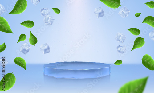 An ice podium for product presentation with falling ice cubes and green mint leaves.