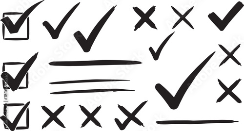 Checkmarks and Crosses Symbols on White Background