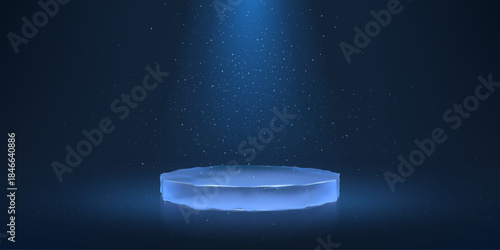A banner featuring an icy round podium on a blue background with spotlights and falling snow.