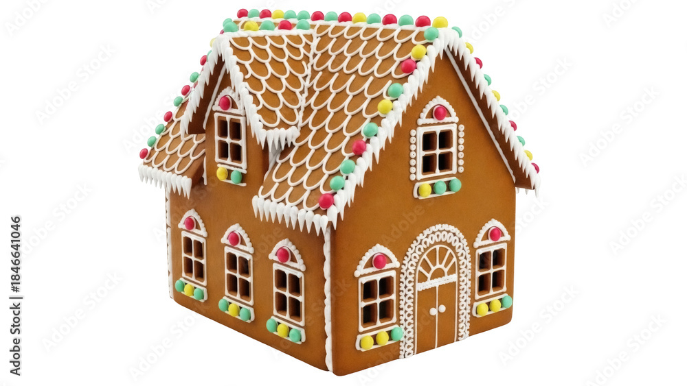Fototapeta premium Isolated gingerbread house with decorated roof, windows, and door on neutral background